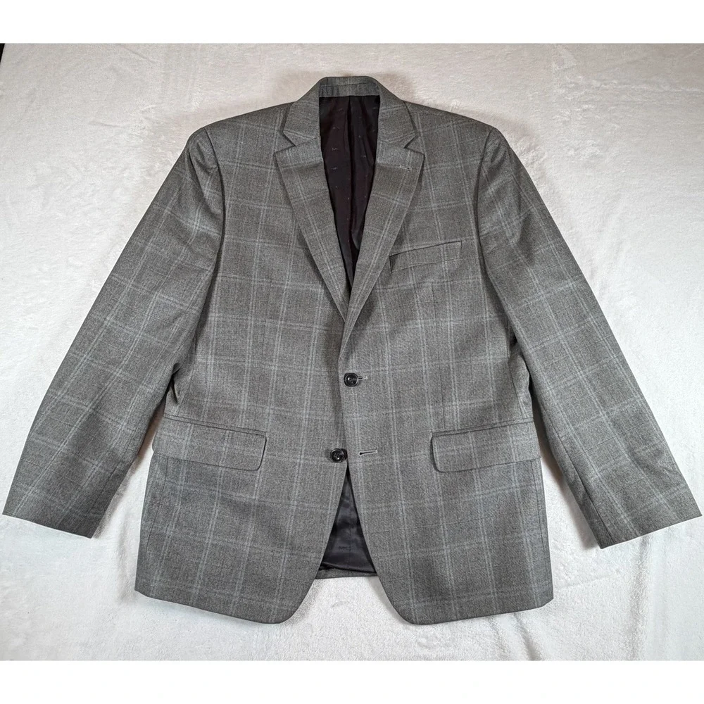 Michael Kors Mens Sz 42R Modern Fit Wool Blend Plaid Suit Jacket Light Grey Blue